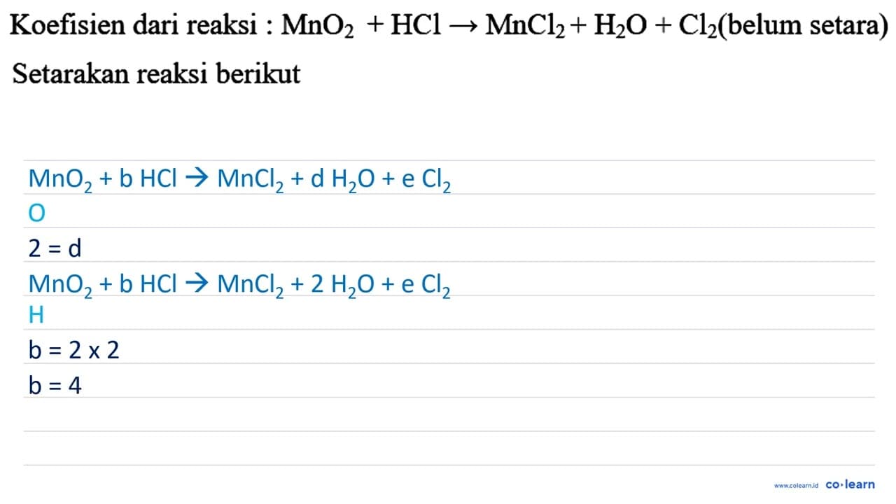 Koefisien dari reaksi : MnO_(2)+HCl -> MnCl_(2)+H_(2)