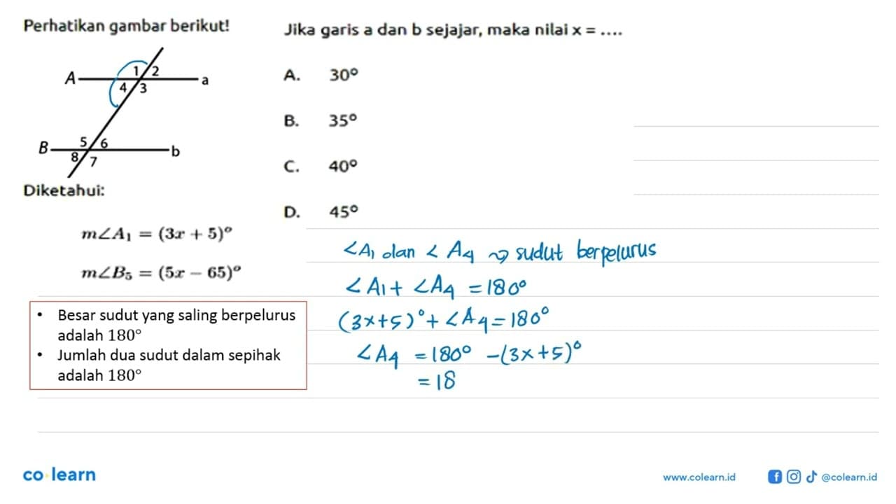 Perhatikan gambar berikut! Diketahui: m sudut A1=(3x+5) m