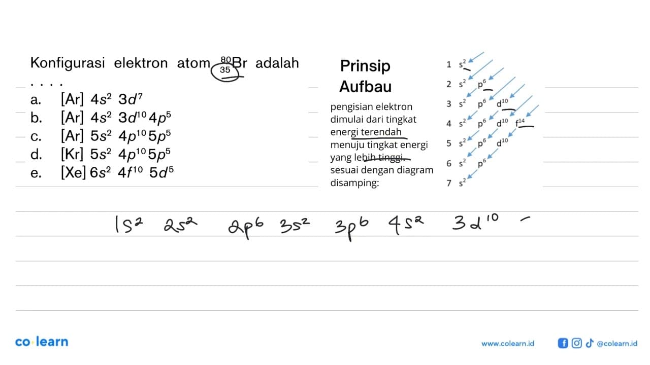 Konfigurasi elektron atom 80 35 Br adalah....