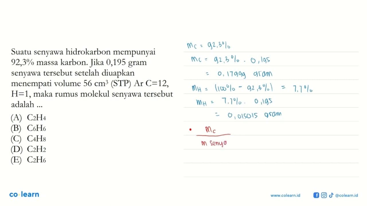 Suatu senyawa hidrokarbon mempunyai 92,3% massa karbon.