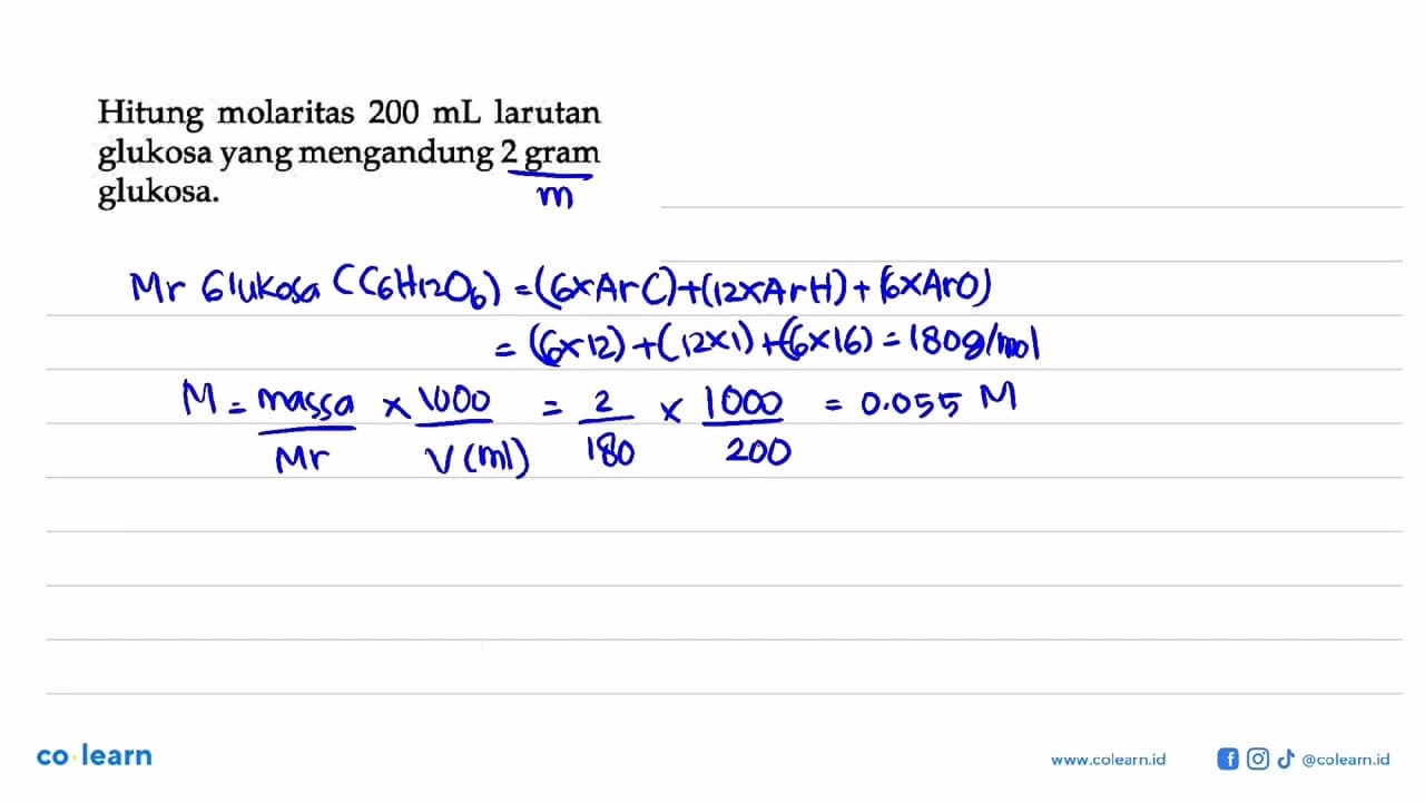 Hitung molaritas 200 mL larutan glukosa yang mengandung 2