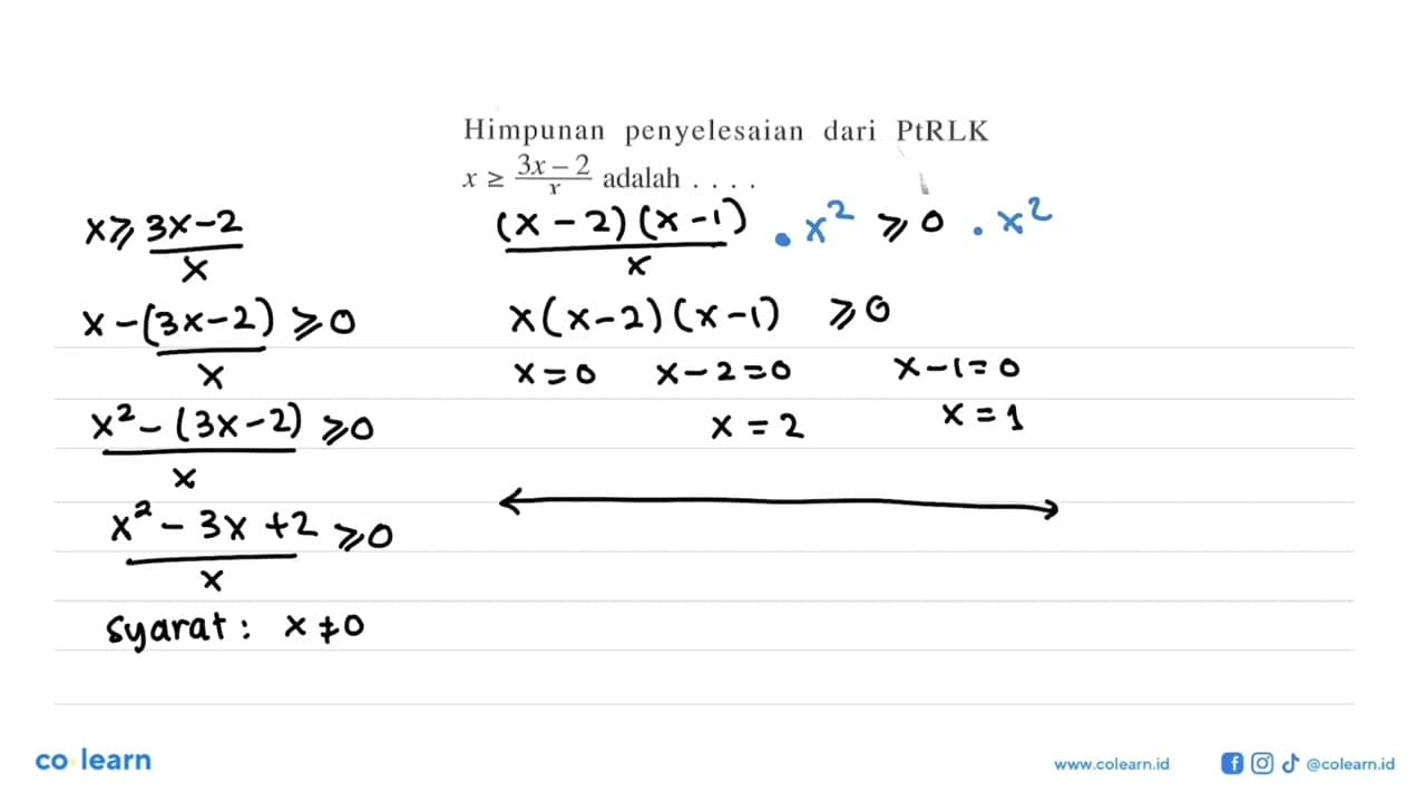 Himpunan penyelesaian dari PtRLK x >= (3x -2)/x adalah