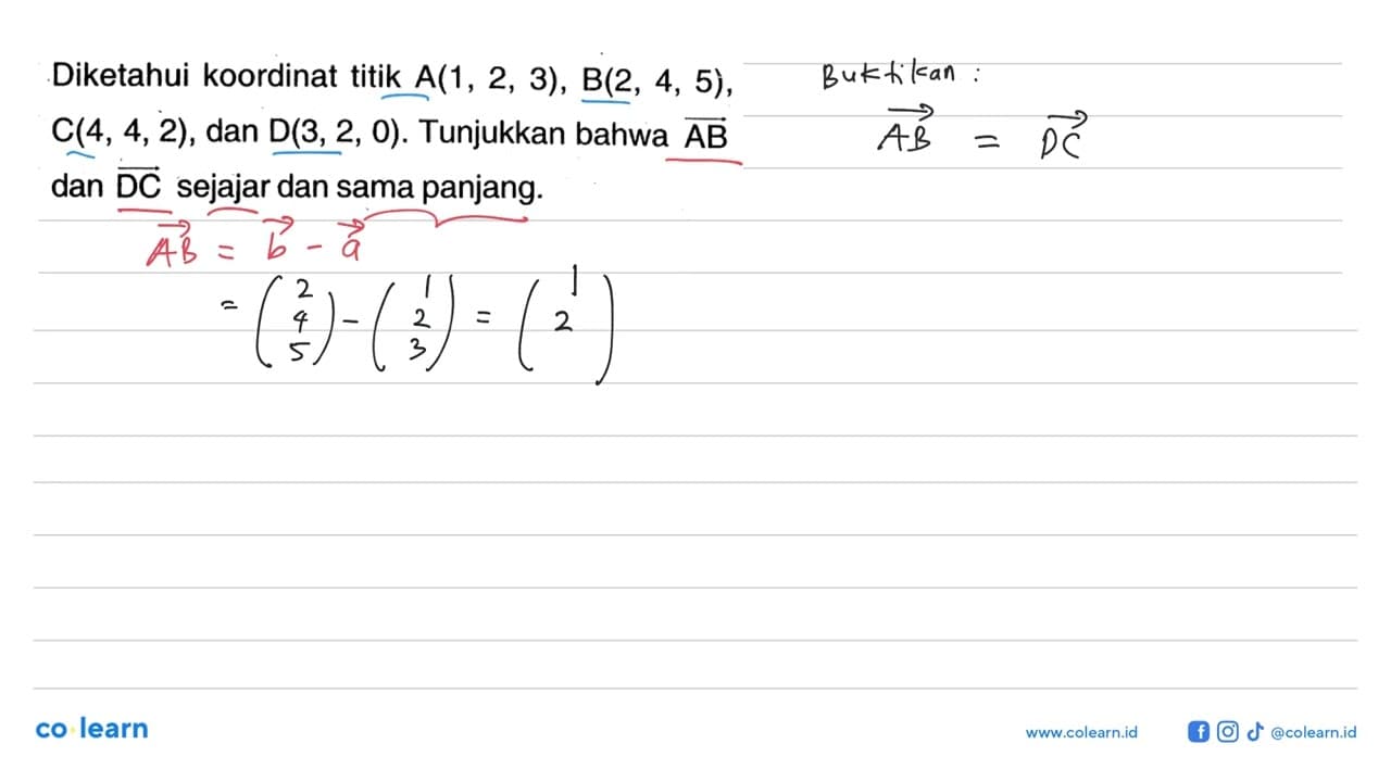 Diketahui koordinat titik A(1,2,3), B(2,4,5), C(4,4,2), dan