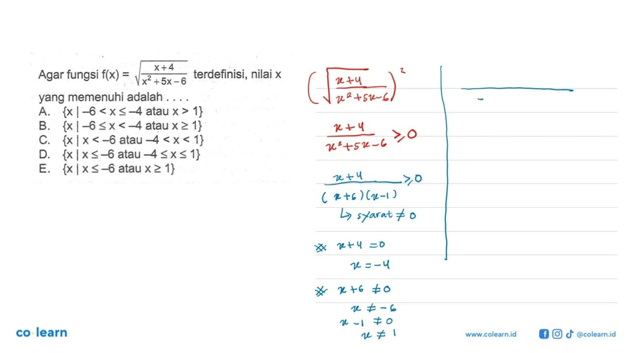 Agar fungsi f(x)=akar((x+4)/(x^2+5x-6)) terdefinisi, nilai