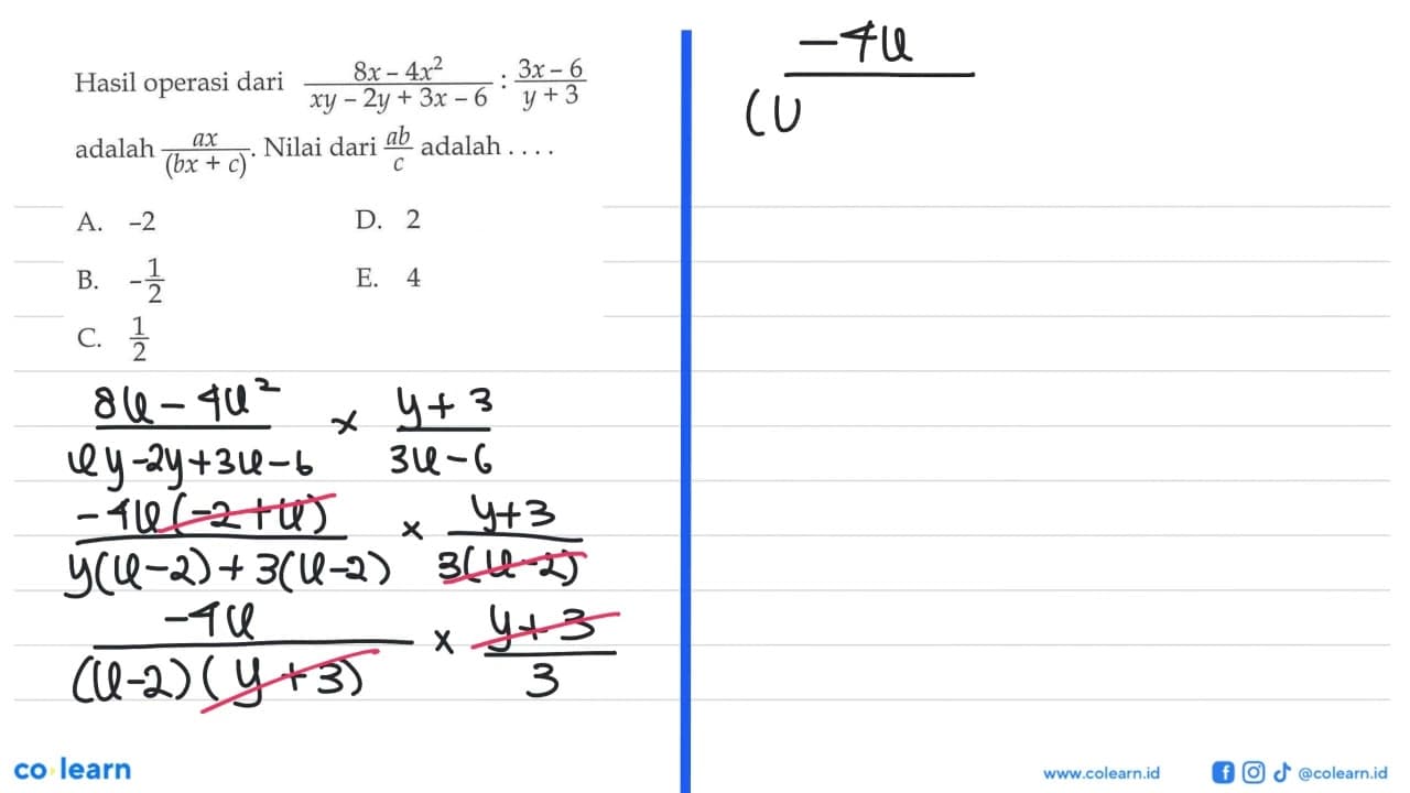 Hasil operasi dari (8x - 4x^2) / (xy - 2y + 3x - 6) : (3x -