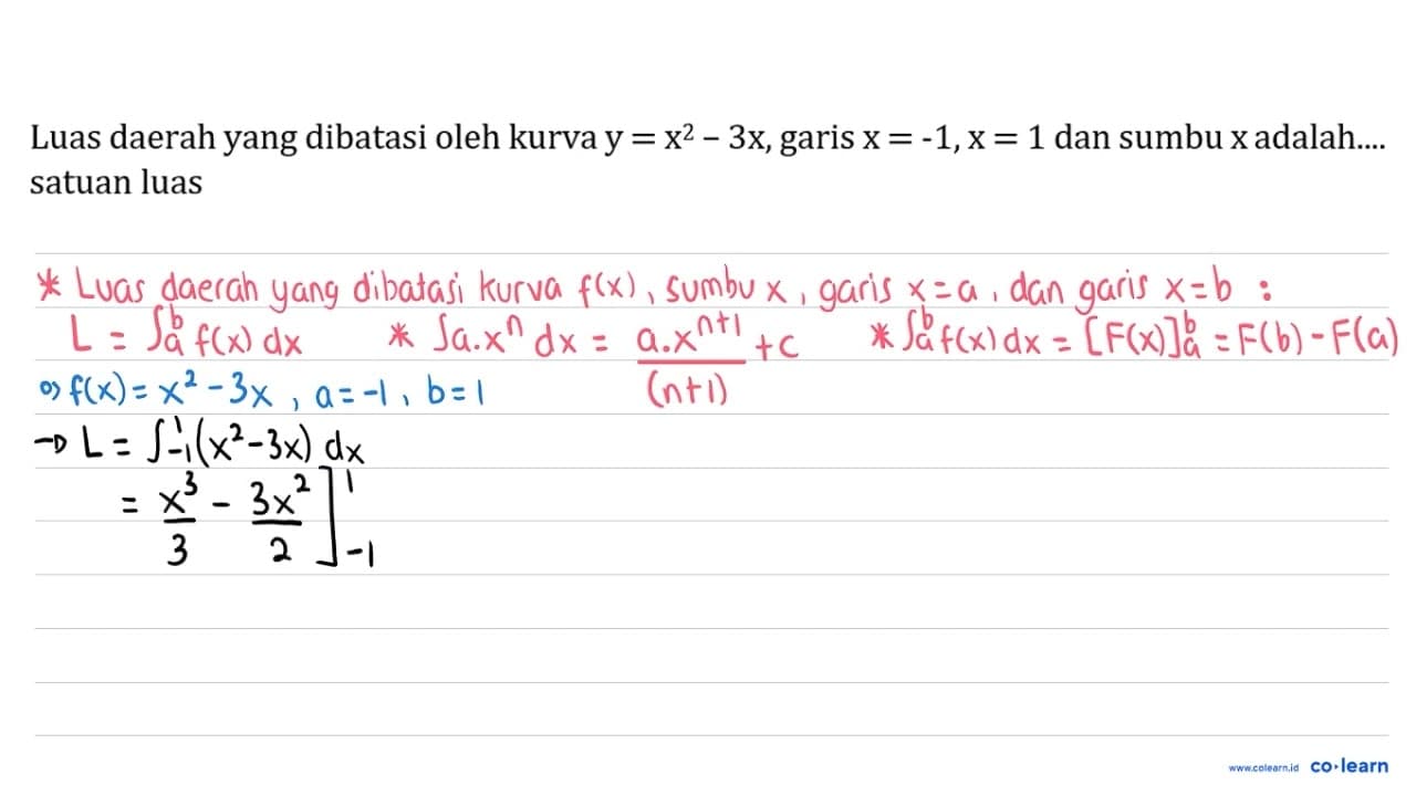 Luas daerah yang dibatasi oleh kurva y=x^2-3x , garis x=-1,