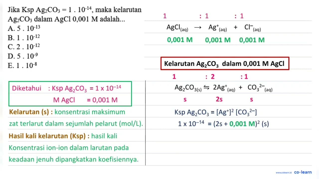 Jika Ksp Ag2 CO3=1.10^-14 , maka kelarutan Ag2 CO3 dalam