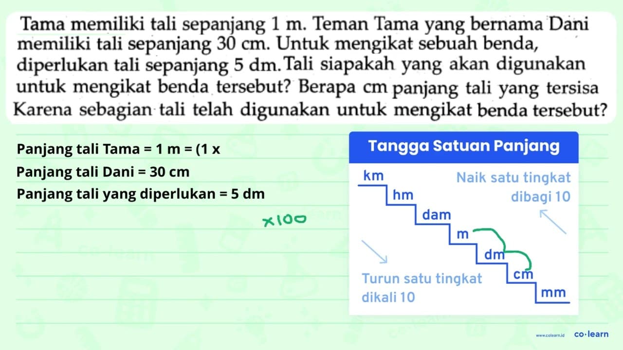 Tama memiliki tali sepanjang 1 m . Teman Tama yang bernama