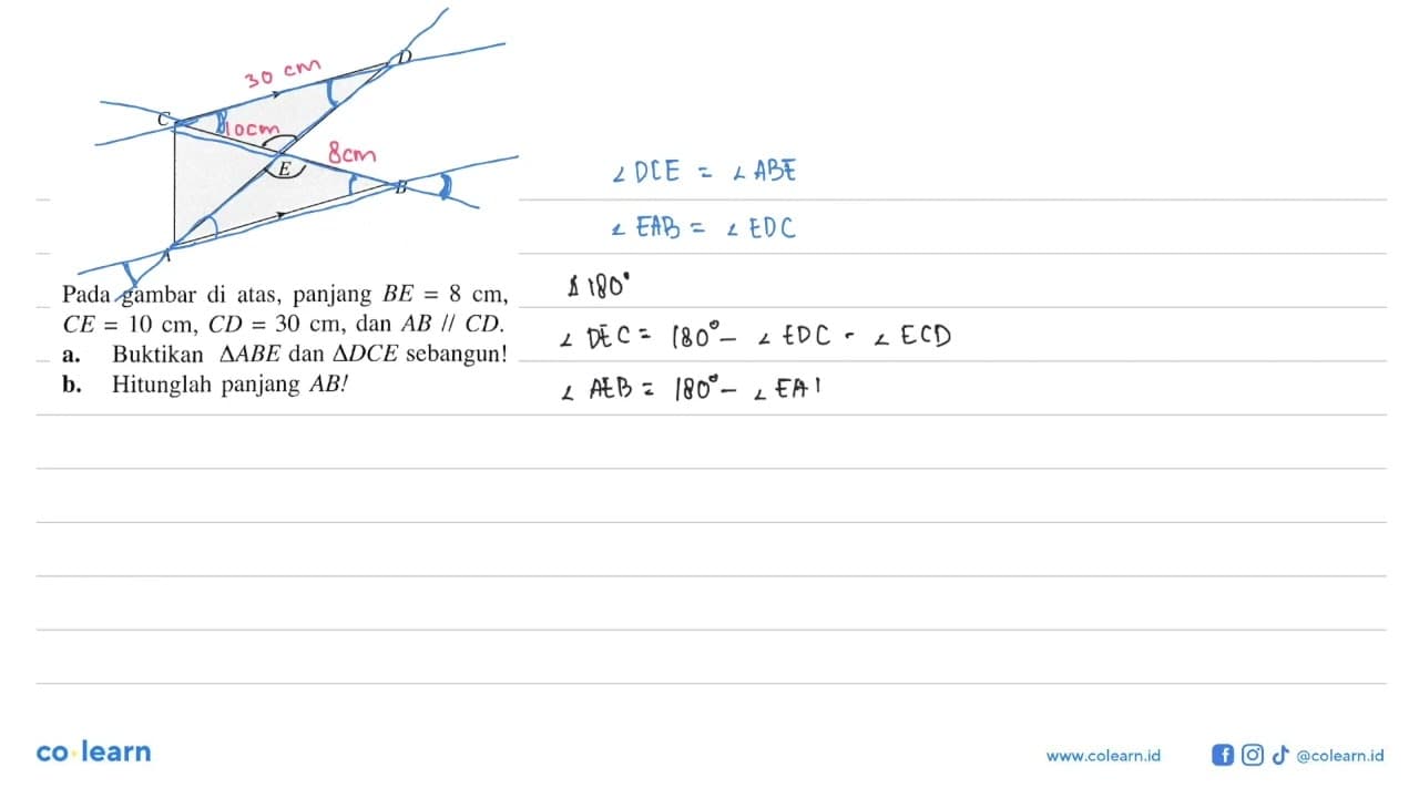 Pada gambar di atas, panjang BE=8 cm, CE=10 cm, CD=30 cm,