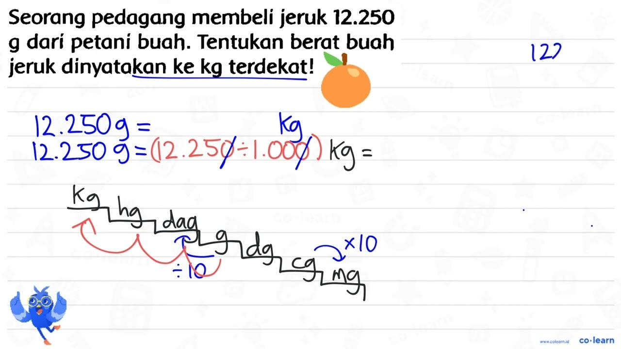 Seorang pedagang membeli jeruk 12.250 g dari petani buah.