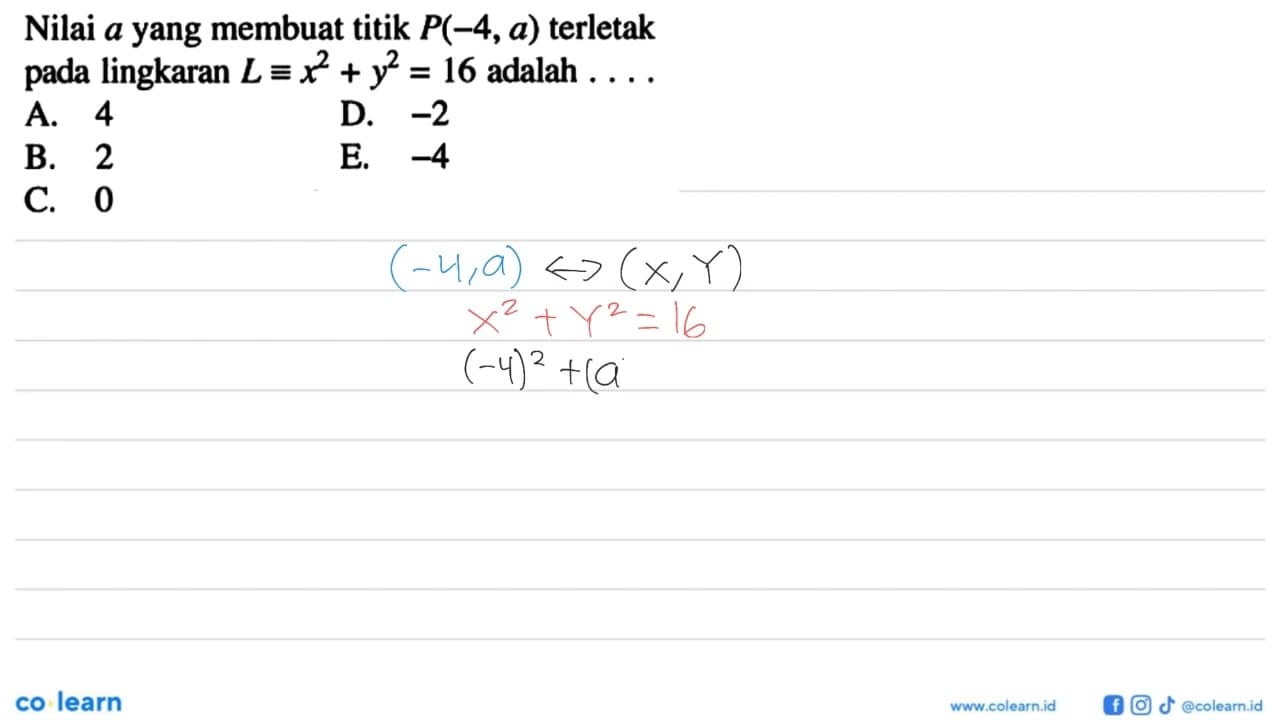 Nilai a yang membuat titik P(-4, a) terletak pada lingkaran