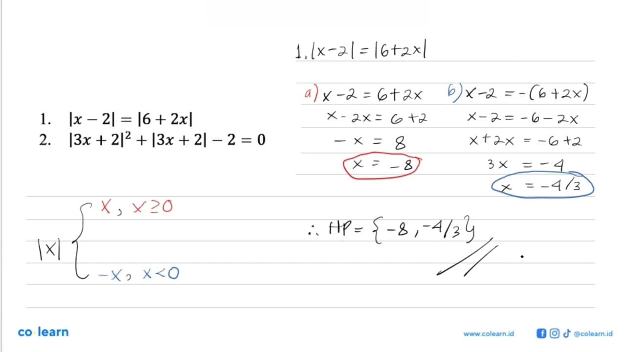 1. |x-2|=|6+2x| 2. |3x+2|^2+|3x+2|-2=0