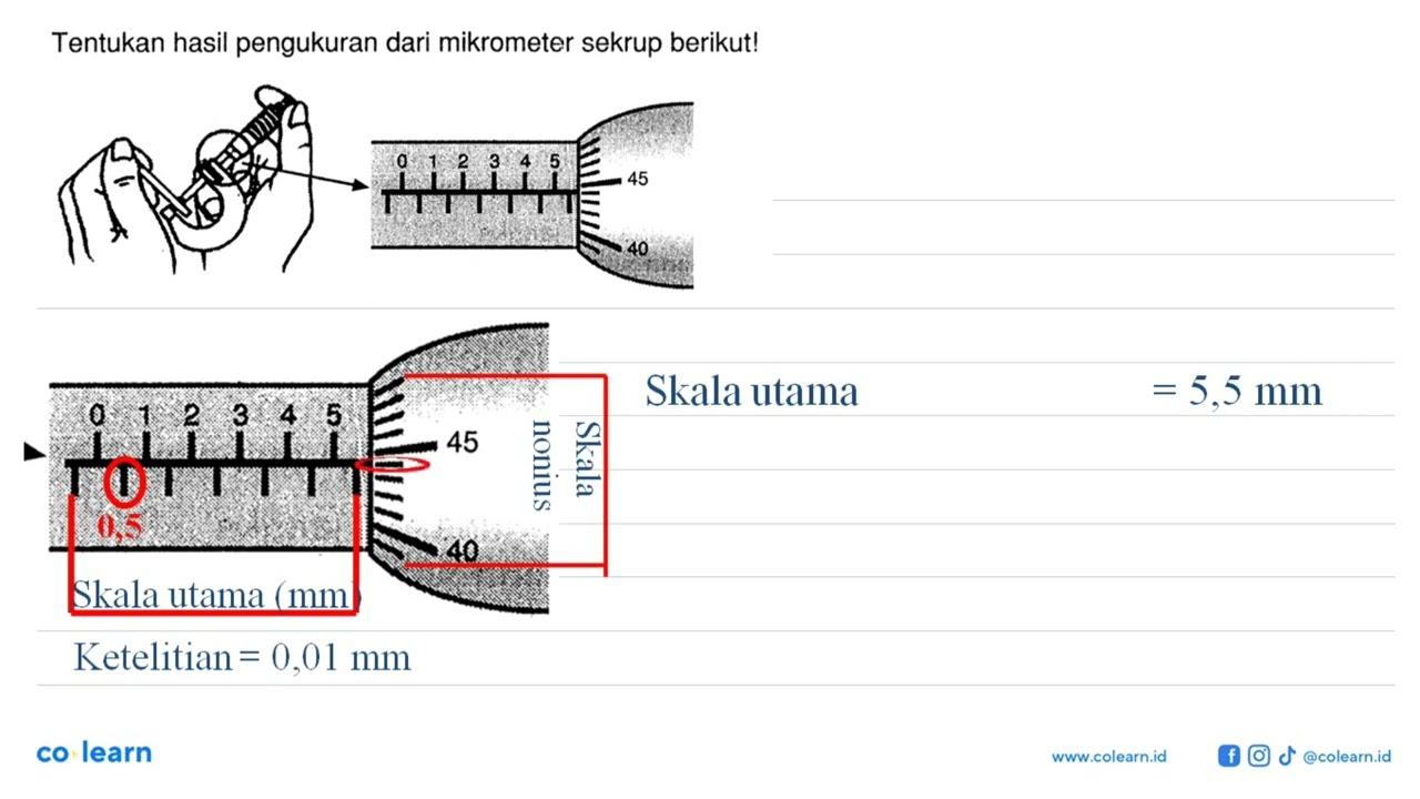 Tentukan hasil pengukuran dari mikrometer sekrup berikut! 0