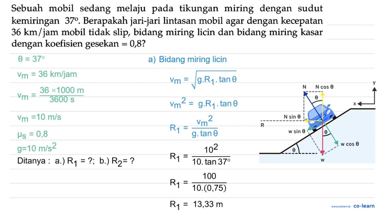 Sebuah mobil sedang melaju pada tikungan miring dengan