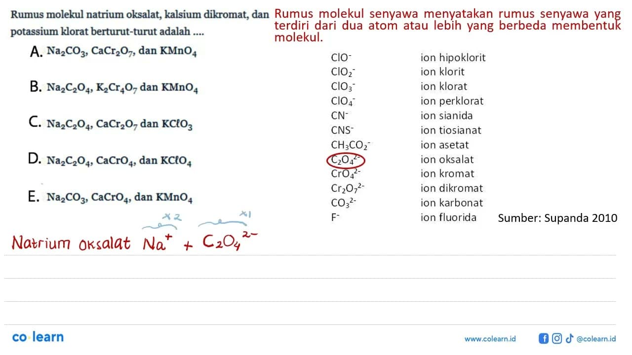 Rumus molekul natrium oksalat, kalsium dikromat, dan