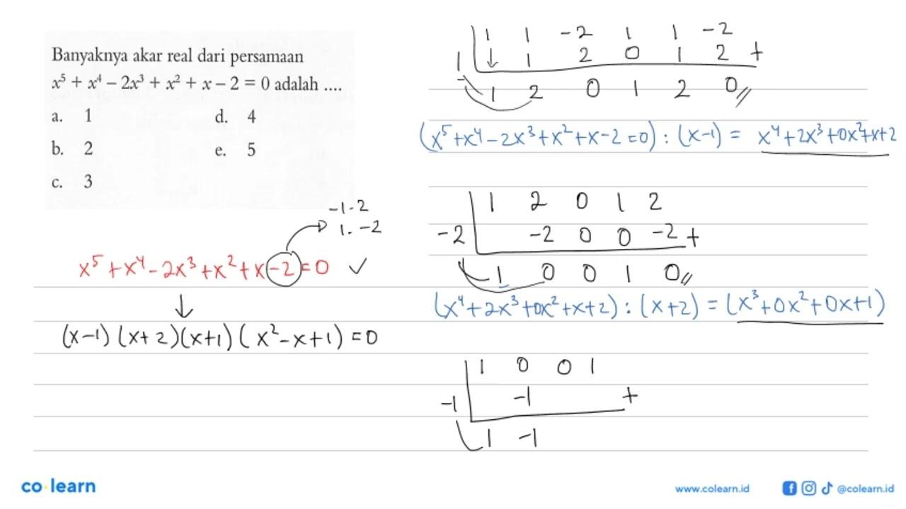 Banyaknya akar real dari persamaan x^5+x^4-2x^3+x^2+x-2=0