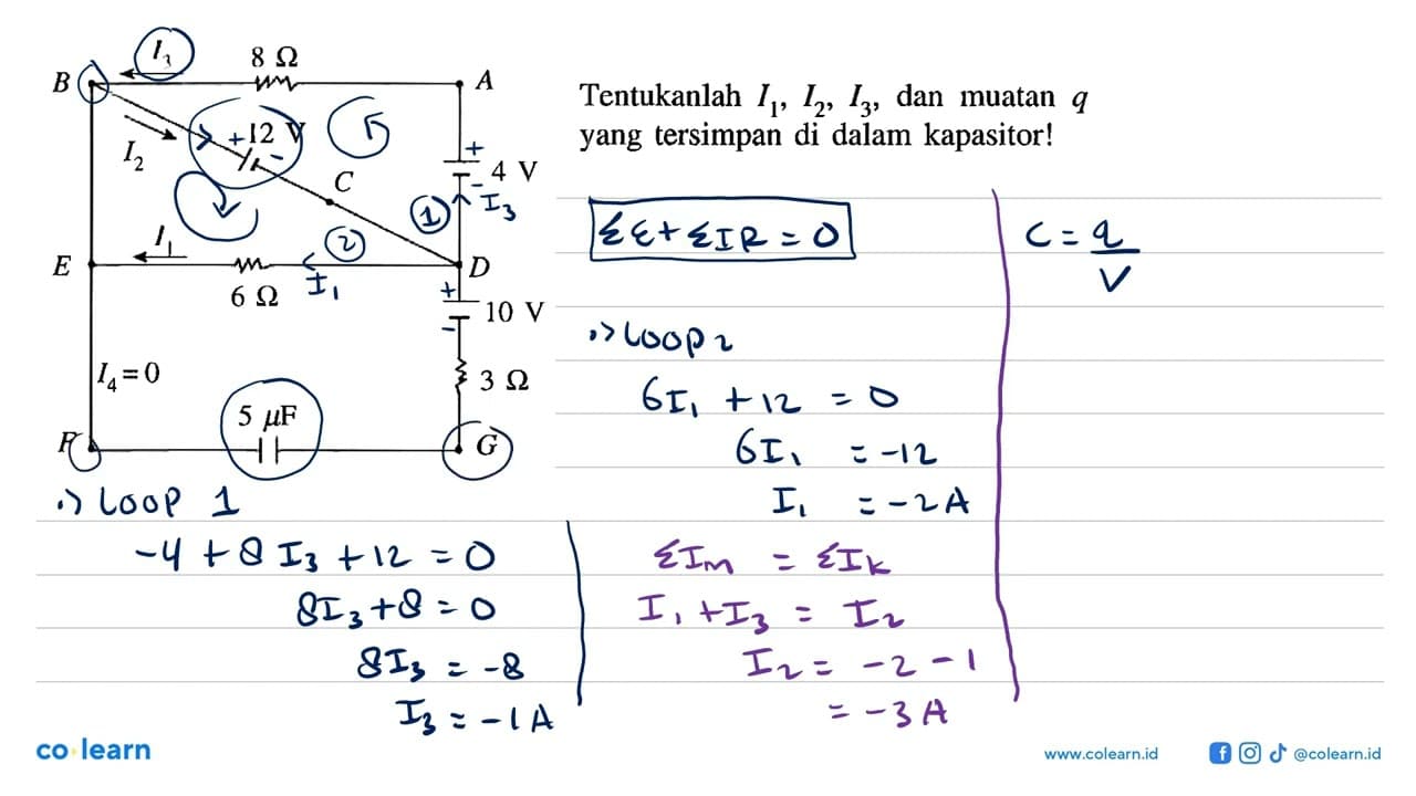 Tentukanlah I1, I2, I3, dan muatan q yang tersimpan di