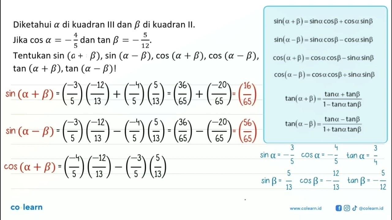 Diketahui alpha di kuadran III dan beta di kuadran II. Jika