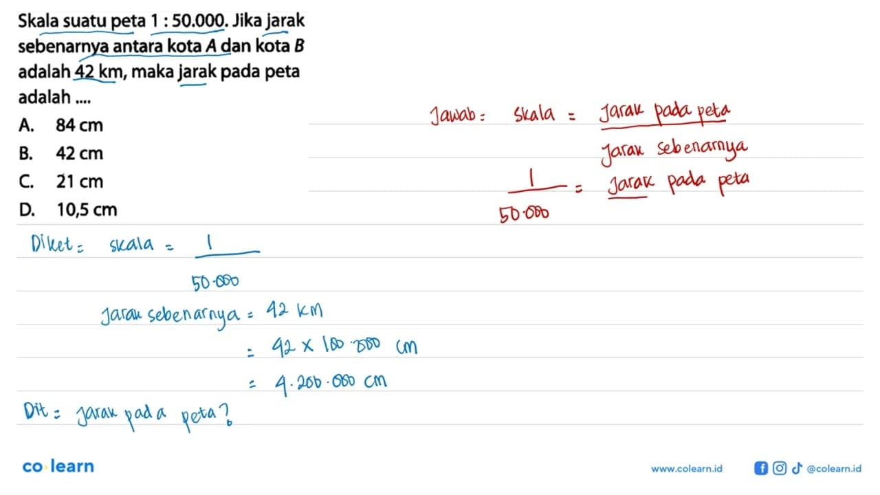 Skala suatu peta 1:50.000. Jika jarak sebenarnya antara