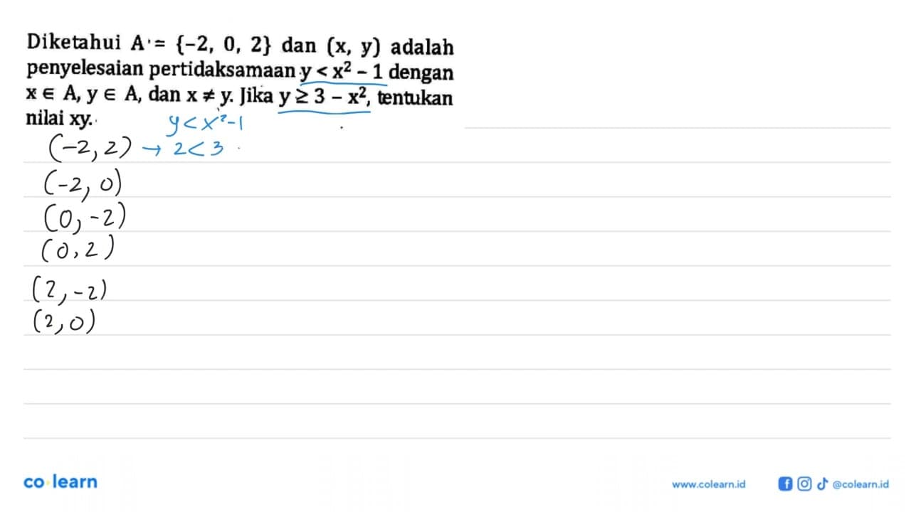 Diketahui A= {-2, 0, 2} dan (x, y) adalah penyelesaian