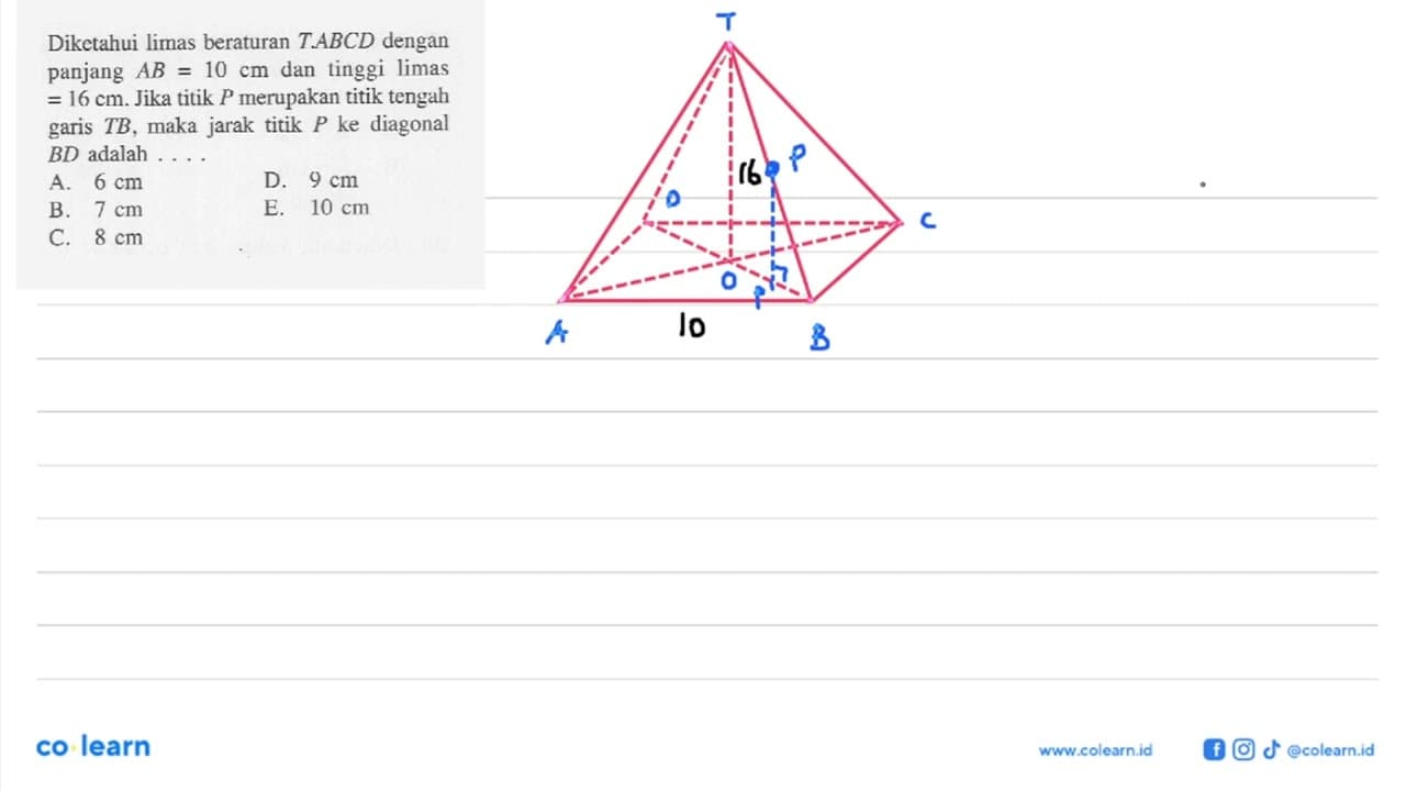Diketahui limas beraturan T.ABCD dengan panjang AB=10 dan