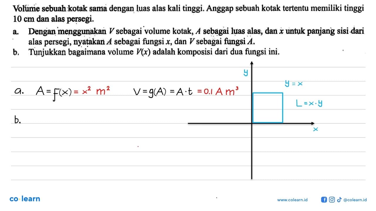 Volume sebuah kotak sama dengan luas alas kali tinggi.