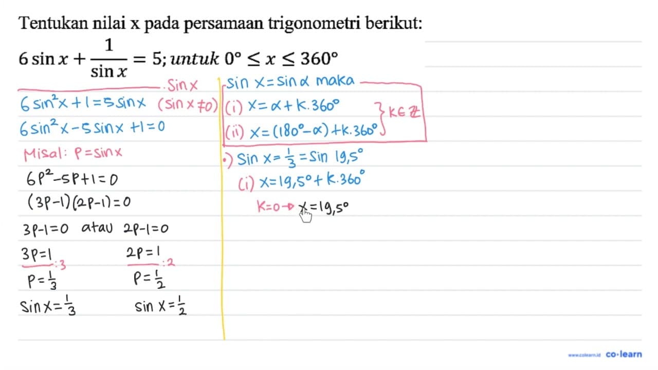 Tentukan nilai x pada persamaan trigonometri berikut: 6 sin