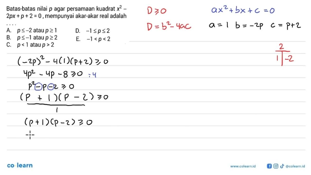 Batas-batas nilai p agar persamaan kuadrat x^2-2px+p+2=0,