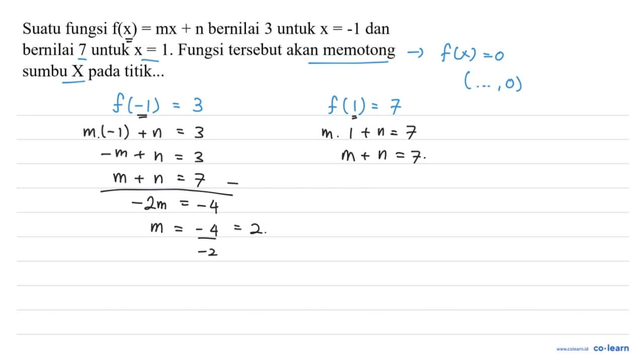 Suatu fungsi f(x)=m x+n bernilai 3 untuk x=-1 dan bernilai