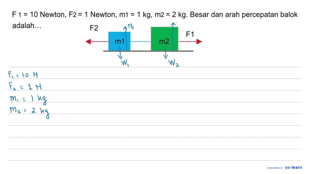 F1 = 10 Newton, F2 = 1 Newton, m1 = 1 kg, m2 = 2 kg. Besar