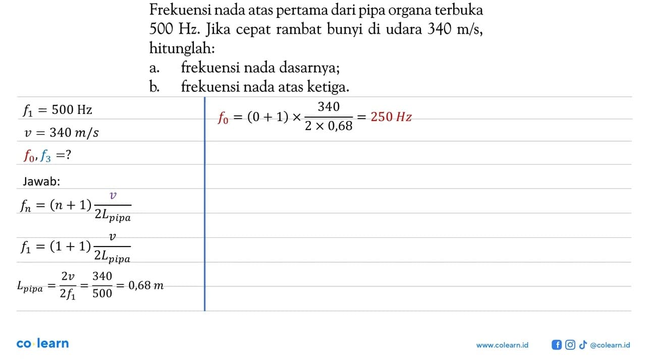 Frekuensi nada atas pertama dari pipa organa terbuka 500