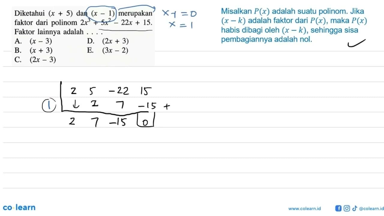 Diketahui (x+5) dan (x-1) merupakan faktor dari polinom