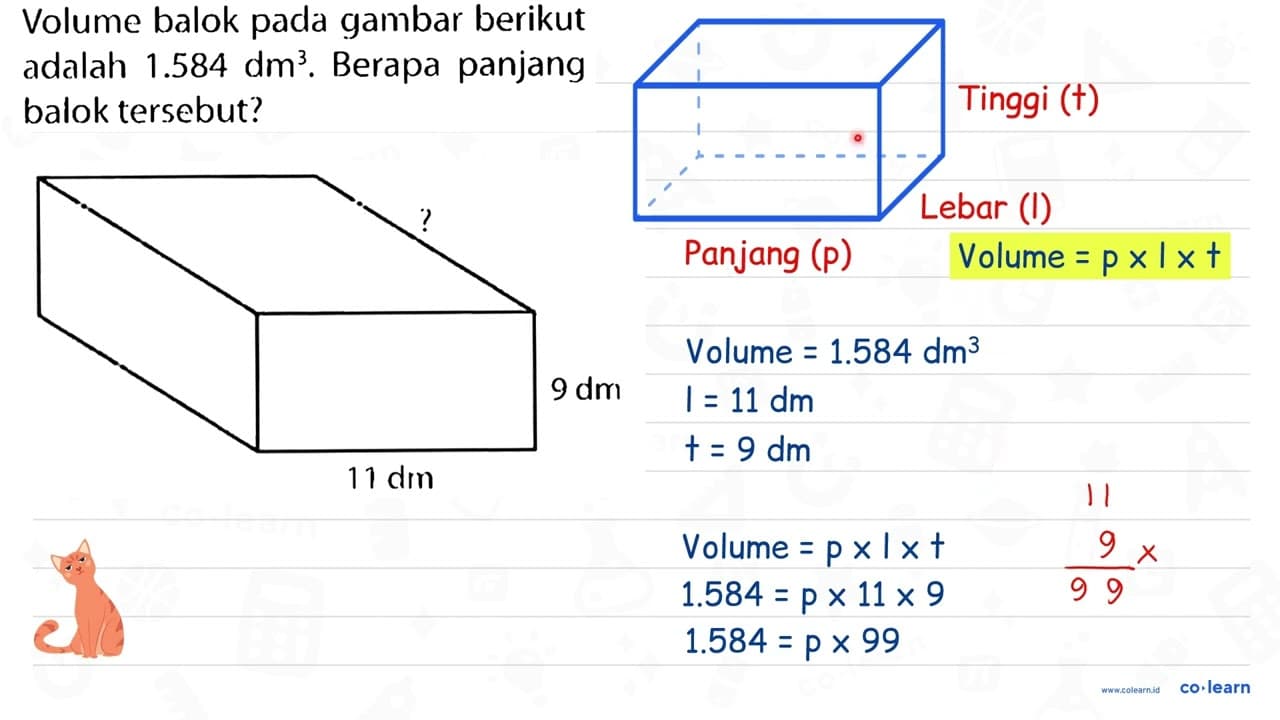 Volume balok pada gambar berikut adalah 1.584 dm^(3) .