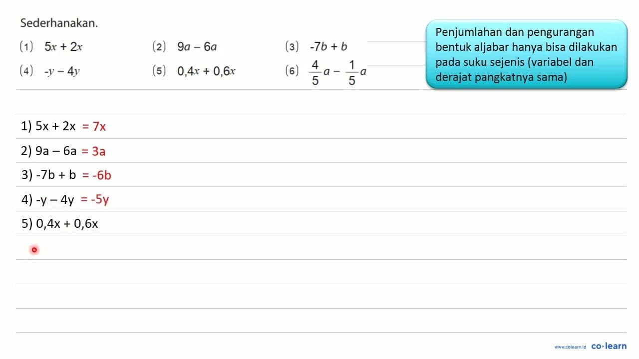 Sederhanakan. (1) 5x + 2x (2) 9a - 6a (3) -7b + b (4) -y -