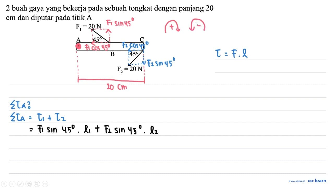 2 buah gaya yang bekerja pada sebuah tongkat dengan panjang