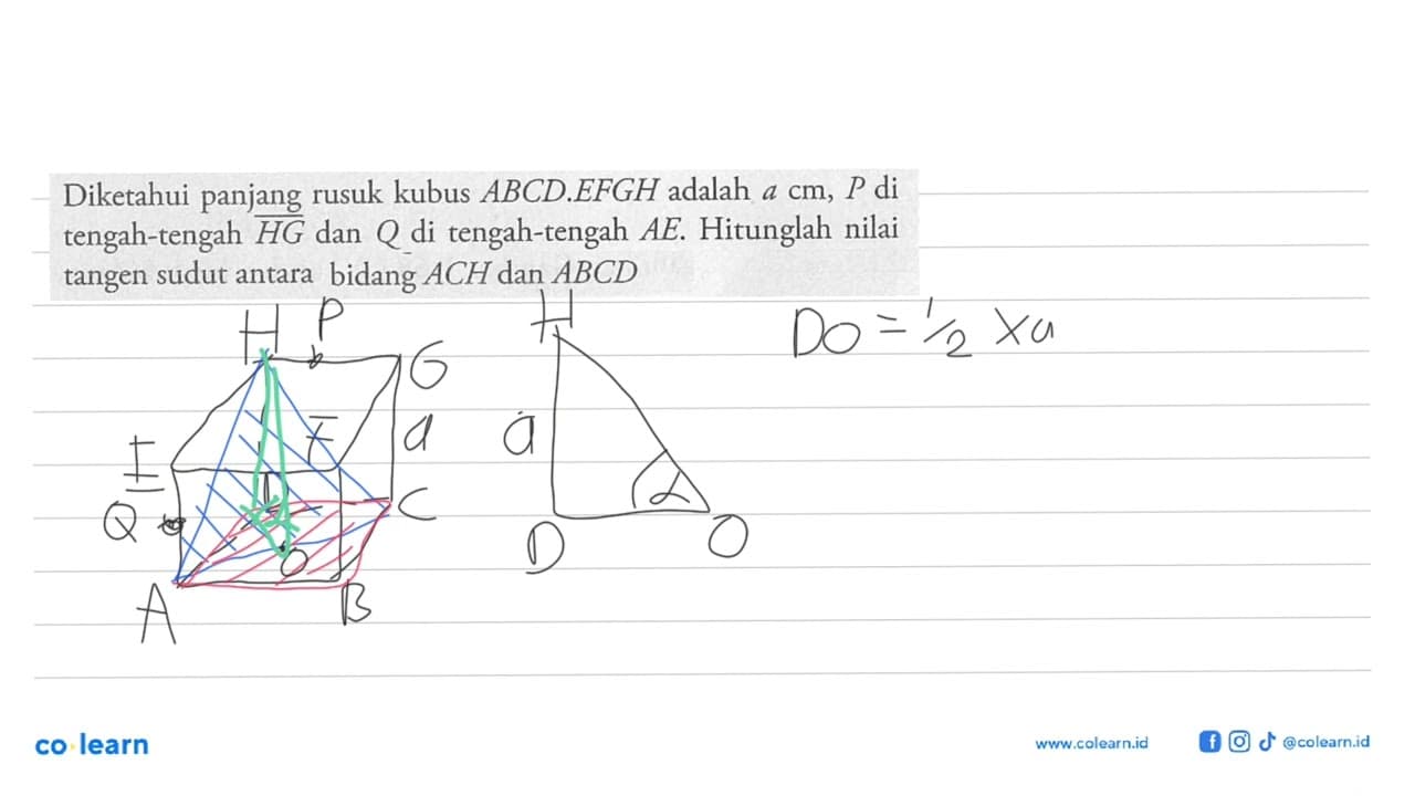 Diketahui panjang rusuk kubus ABCD.EFGH adalah a cm, P di