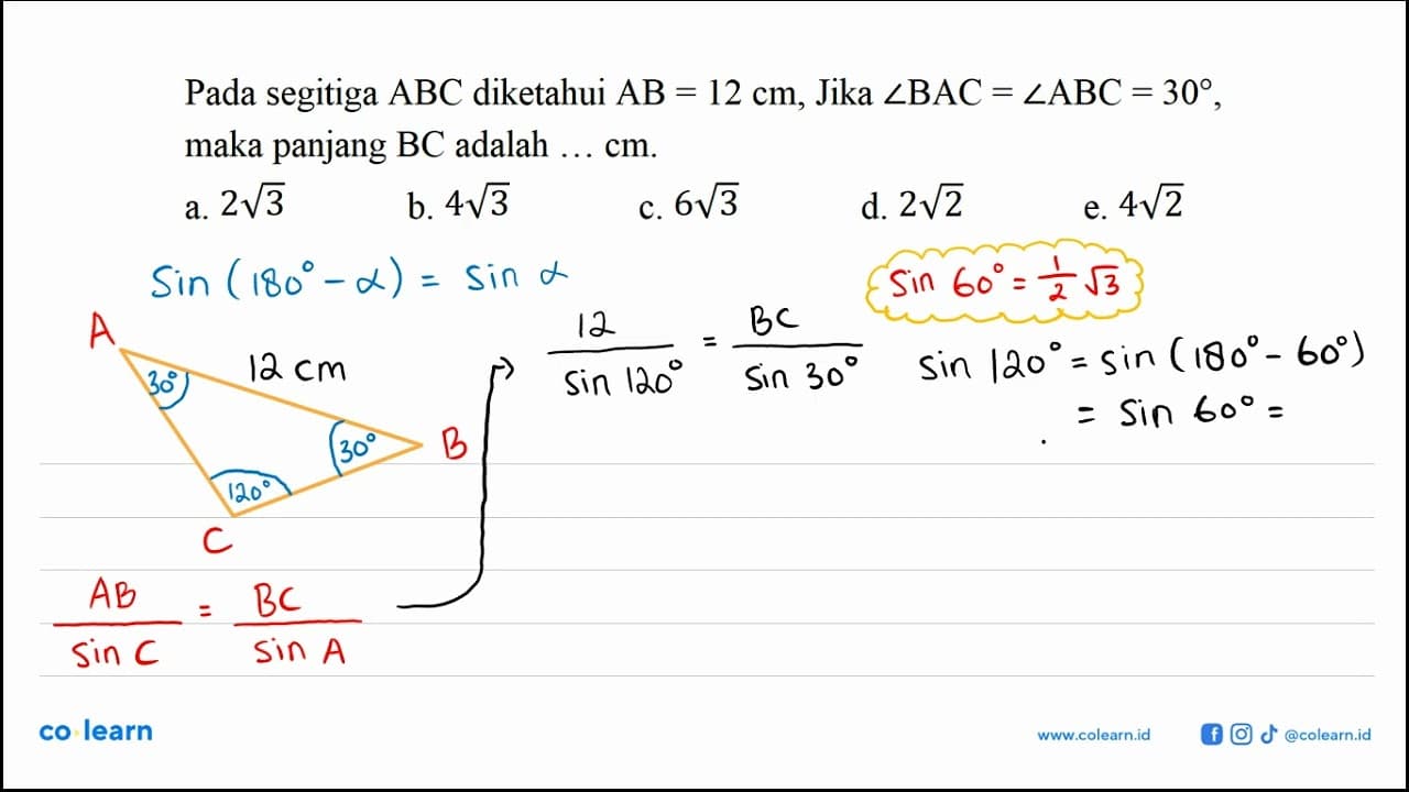 Pada segitiga ABC diketahui AB = 12 cm, Jika sudut BAC =