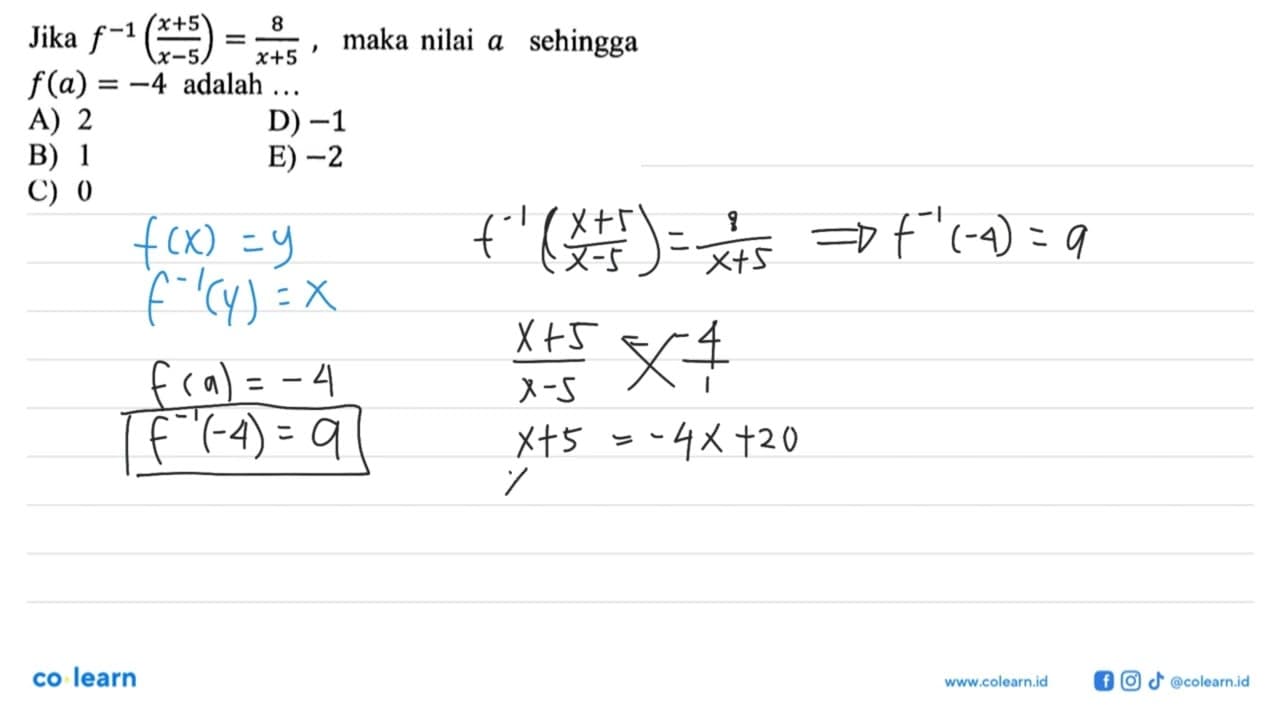 Jika f^-1(x+5/x-5)=8/x+5 , maka nilai a sehingga f(a)=-4