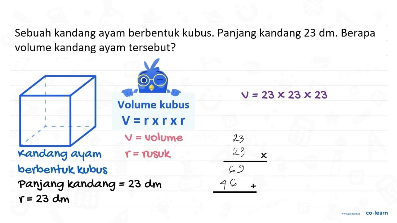 Sebuah kandang ayam berbentuk kubus. Panjang kandang 23 dm