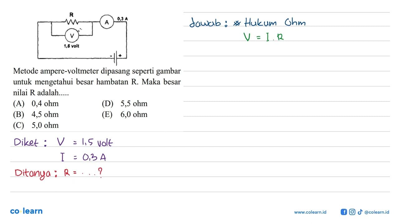 R A 0,3 A V 1,6 volt - + Metode ampere-voltmeter dipasang