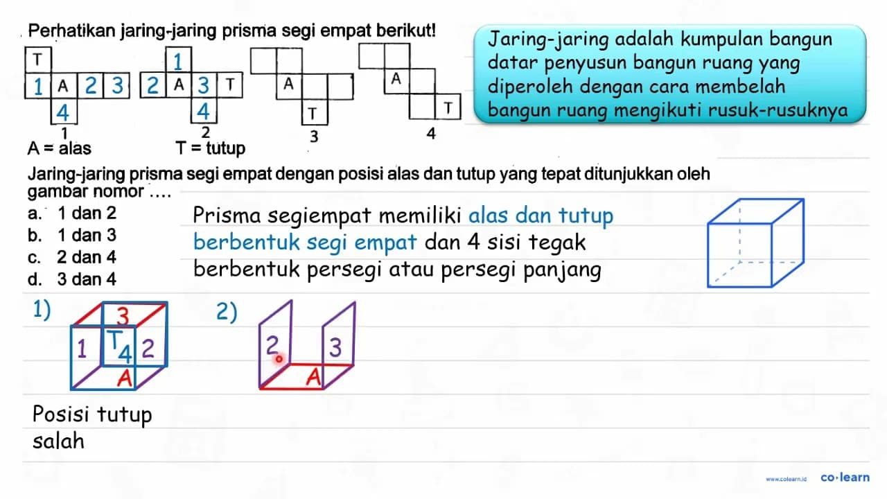 Perhatikan jaring-jaring prisma segi empat berikut! T A 1 A