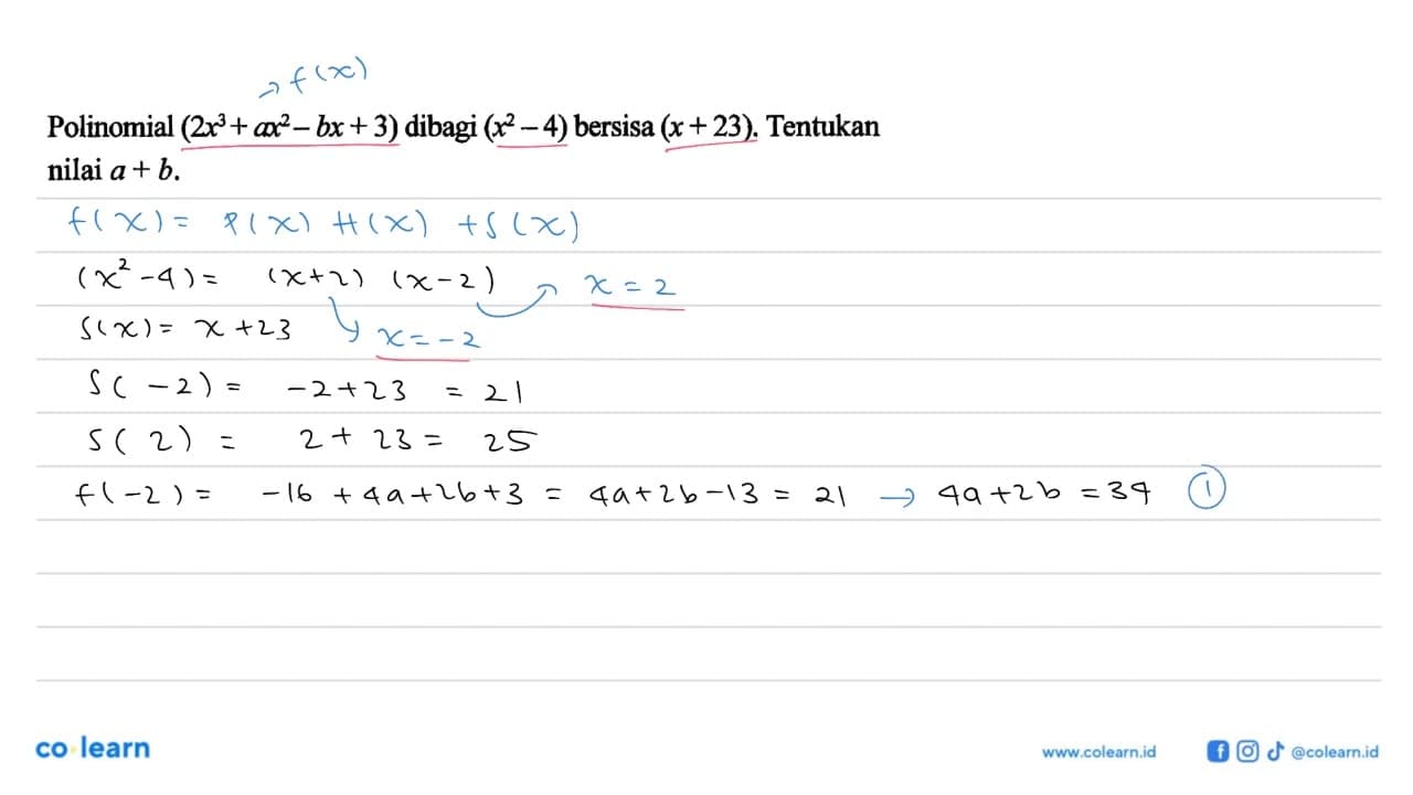 Polinomial (2x^3+ax^2-bx+3) dibagi (x^2-4) bersisa (x+23).