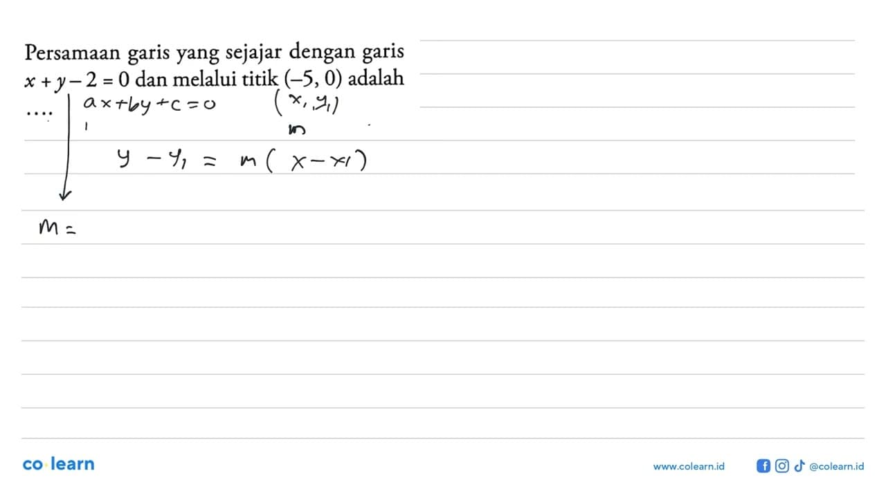 Persamaan garis yang sejajar dengan garis x + y - 2 = 0 dan