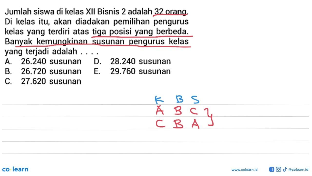 Jumlah siswa di kelas XII Bisnis 2 adalah 32 orang. Di