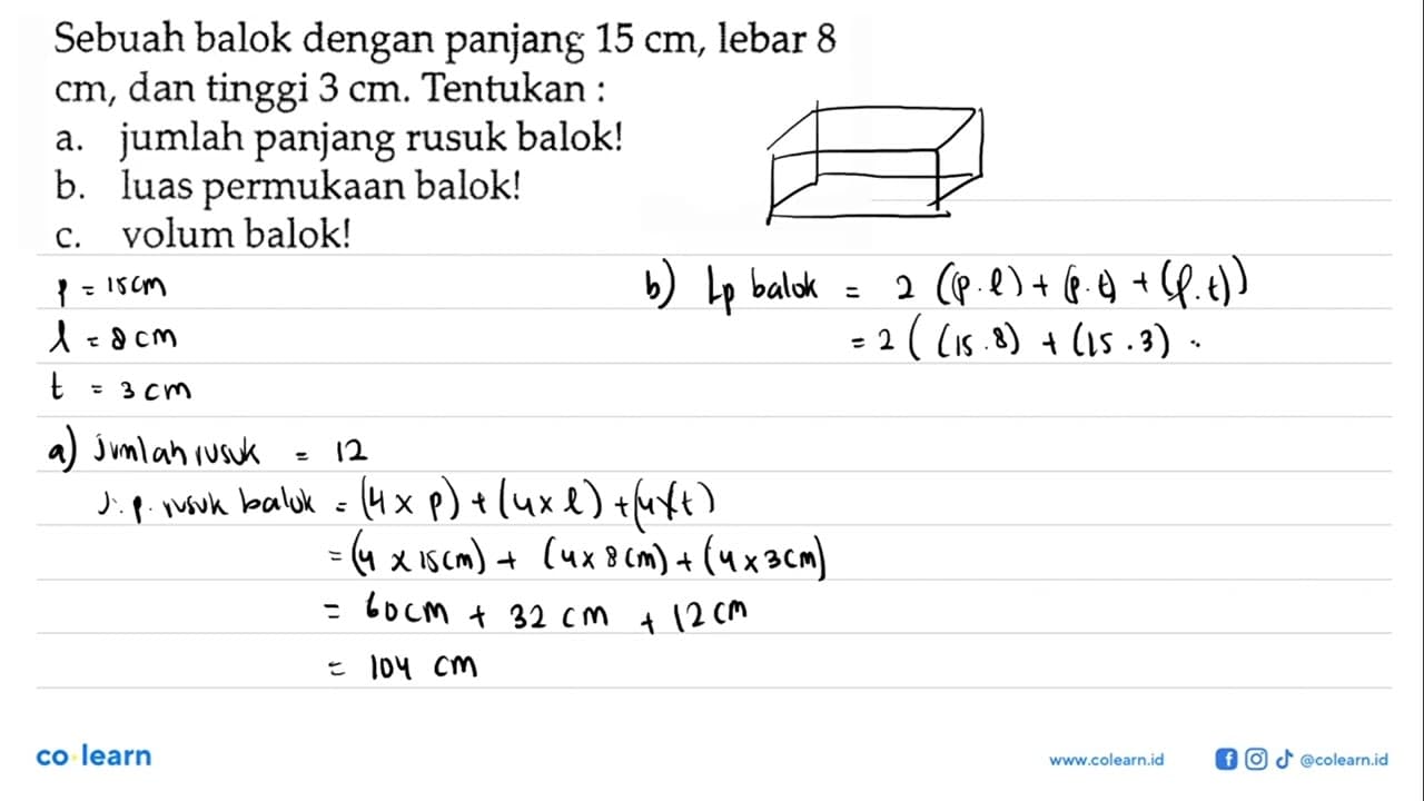 Sebuah balok dengan panjang 15 cm, lebar 8 cm, dan tinggi 3