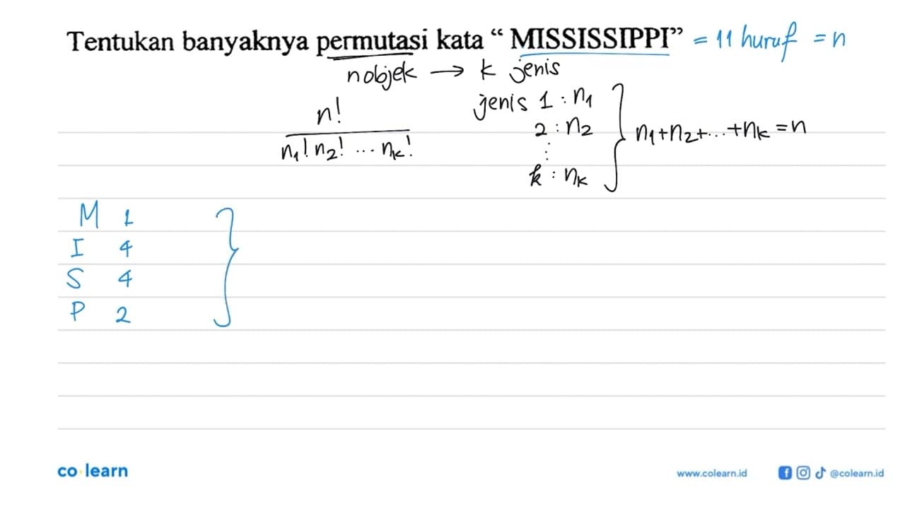 Tentukan banyaknya permutasi kata "MISSISSIPPI"