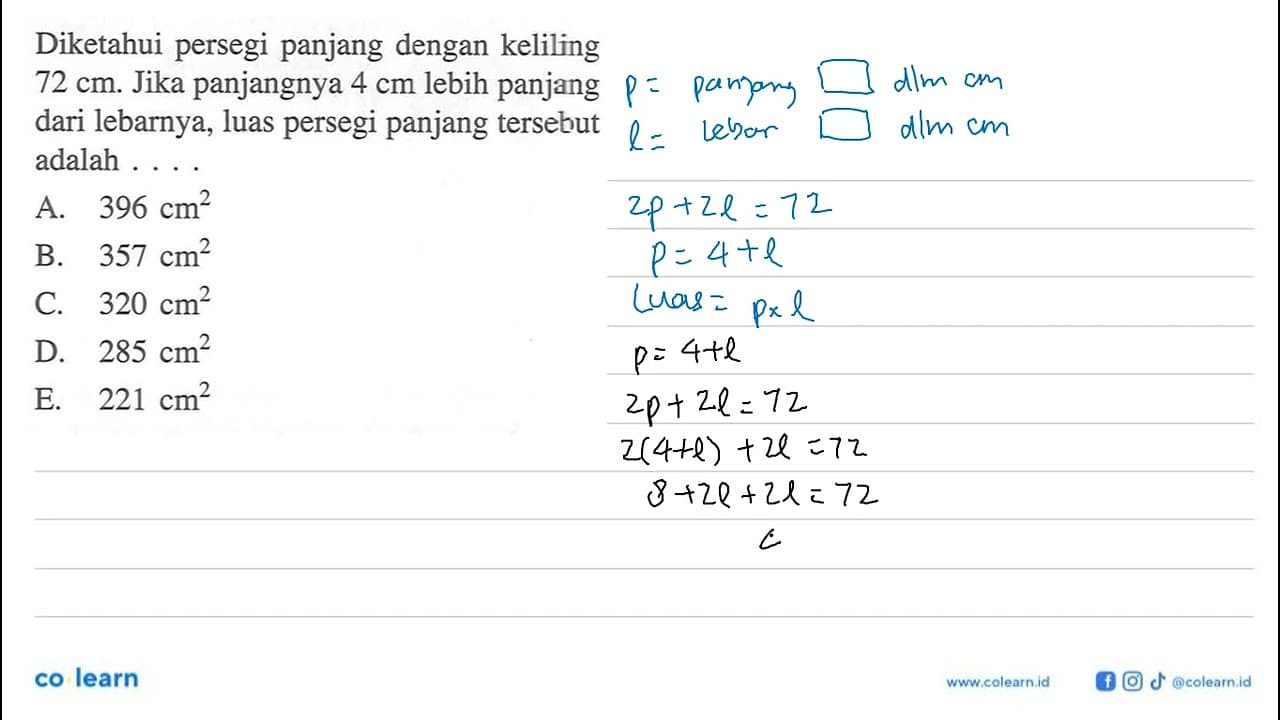 Diketahui persegi panjang dengan keliling 72 cm. Jika