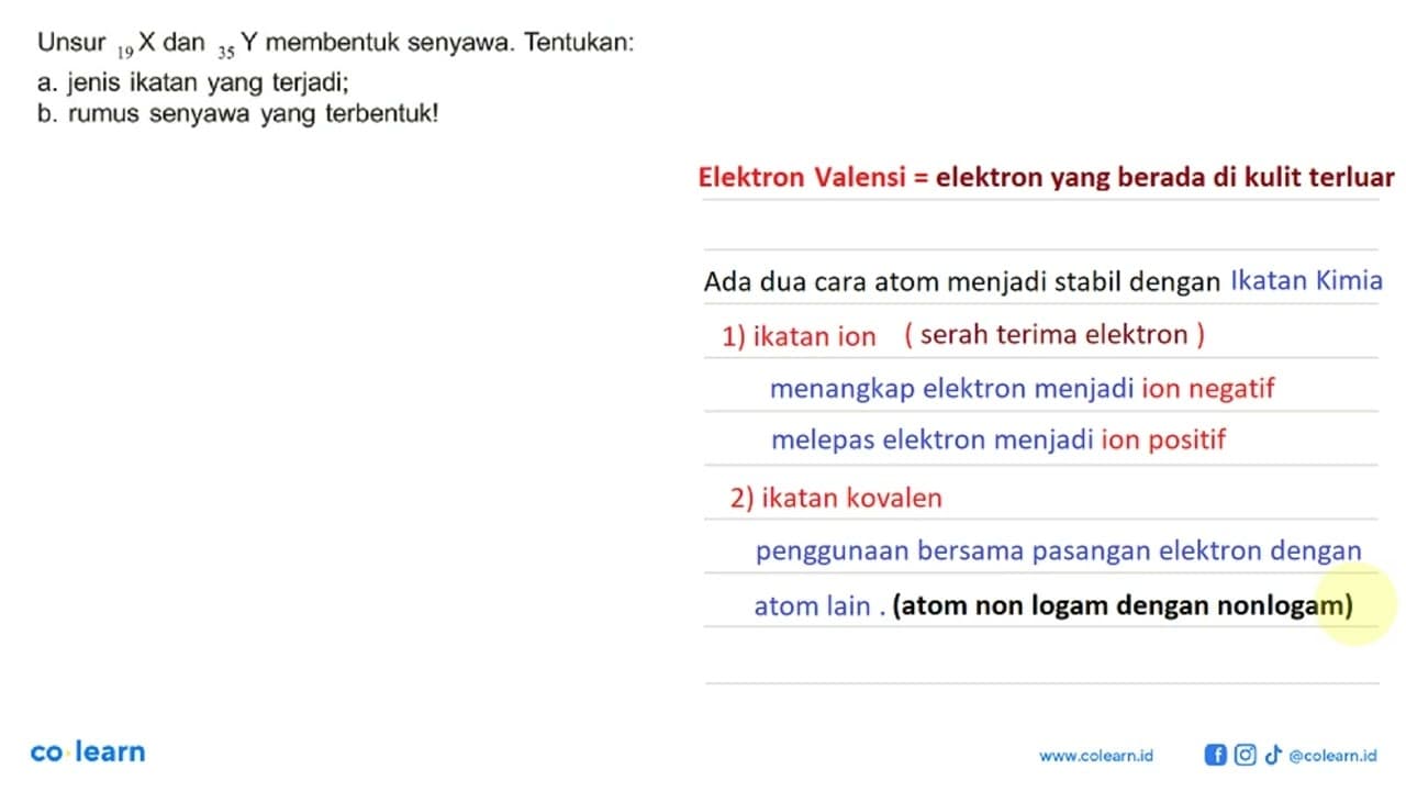 Unsur 19X dan 35Y membentuk senyawa. Tentukan: a. jenis