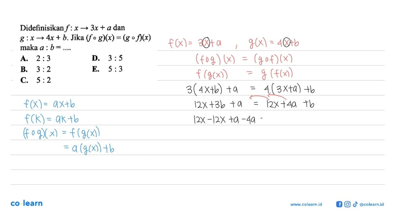 Didefinisikan f: x -> 3x+a dan g : x -> 4x+b. Jika