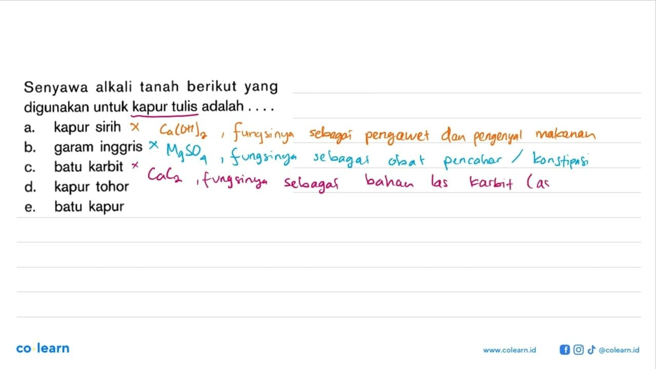 Senyawa alkali tanah berikut yang digunakan untuk kapur